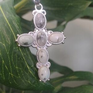 Elegant Silver Cross Pendant with White Accents On Silver Chain Valentines Day